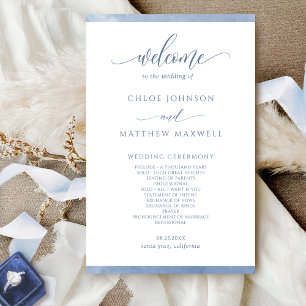 Chic Dusty Blue Watercolor Frame Wedding Program