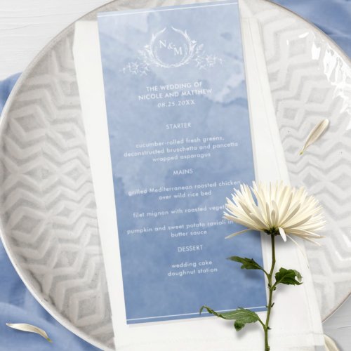 Chic Dusty Blue Watercolor Monogram Wedding Menu