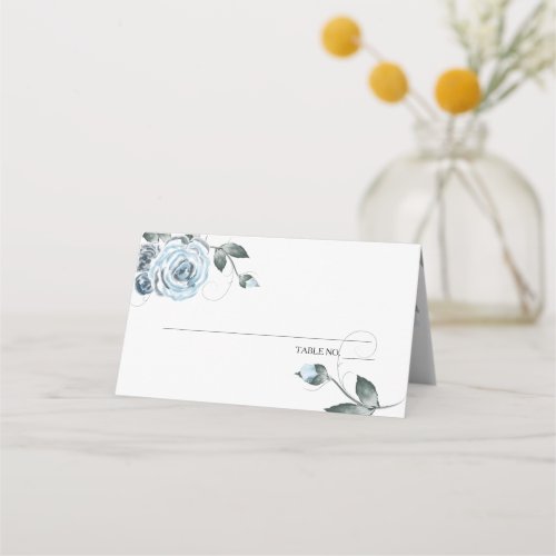 Chic Dusty Blue Watercolor Roses Place Card