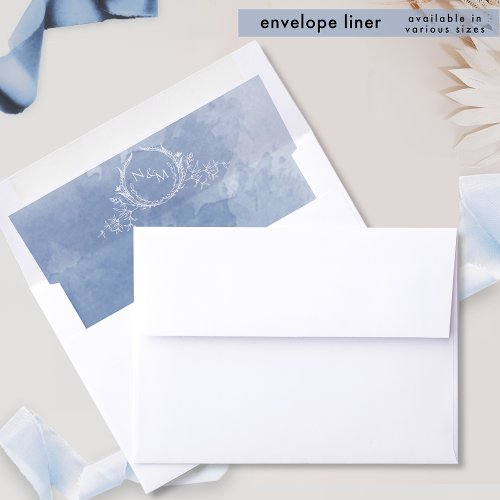 Chic Dusty Blue Watercolor White Monogram Wedding Envelope Liner