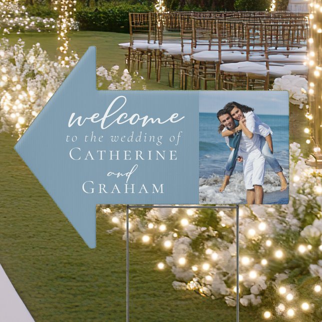 Chic Dusty Blue Wedding Couple Photo Arrow Yard Sign (Creator Uploaded)