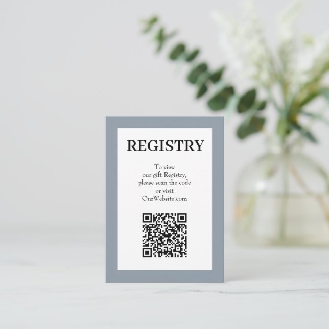 Chic Dusty Blue Wedding Registry QR Code Enclosure Card (Standing Front)