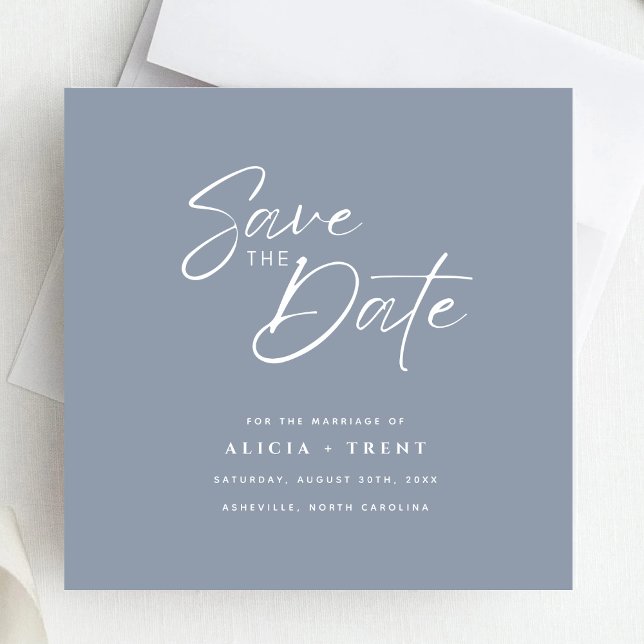 Chic Dusty Blue & White Calligraphy Save the Date Invitation (Creator Uploaded)