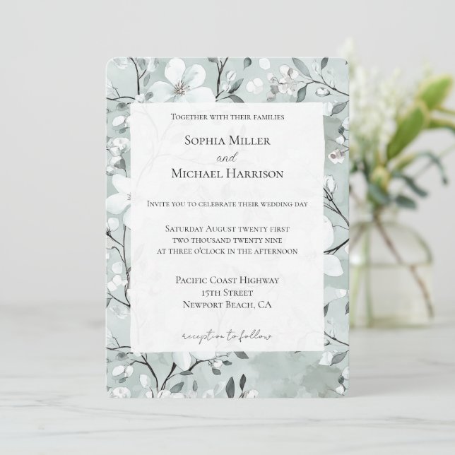 Chic Dusty Blue White Floral Wedding Invitation (Standing Front)