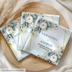 Chic Dusty Blue White Gold Floral Cloth Napkins