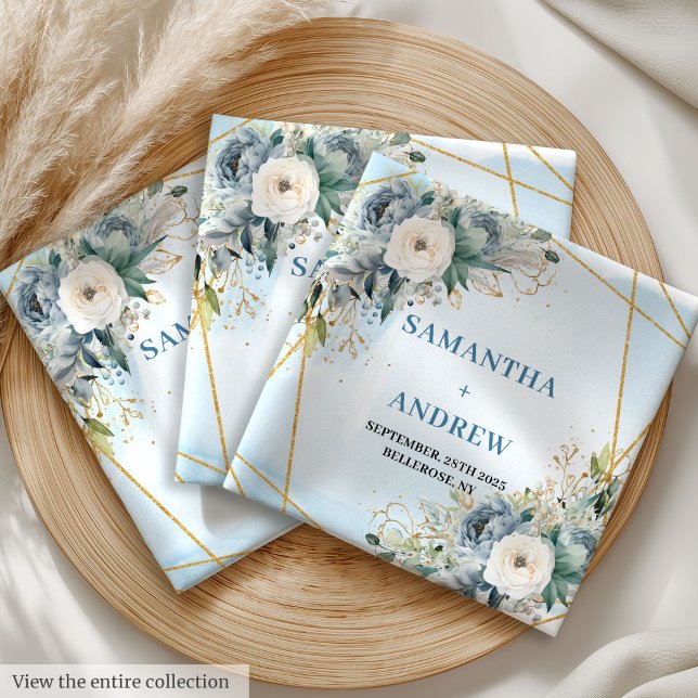 Chic Dusty Blue White Gold Floral Cloth Napkins (Chic Dusty Blue White Gold Floral Cloth Napkins)
