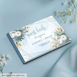 Chic Dusty Blue White Gold Floral Guest Book