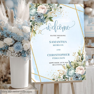 Chic Dusty Blue White Peony Gold Frame Wedding   Foam Board