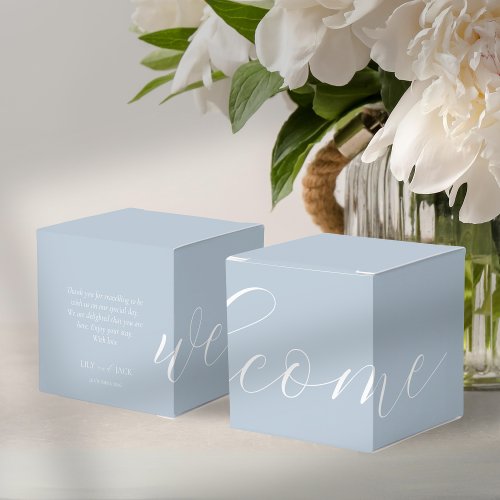 Chic Dusty Blue  White Wedding Welcome Favor Box