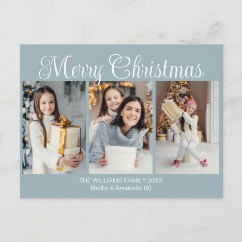 Chic Dusty Grey Blue Merry Christmas Photo Collage Holiday Postcard