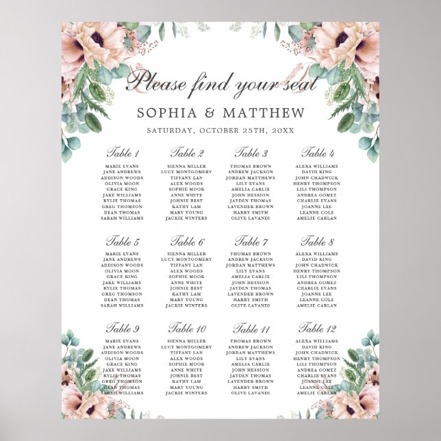 Chic Dusty Pink Blush Floral Wedding Seating Chart (Front)