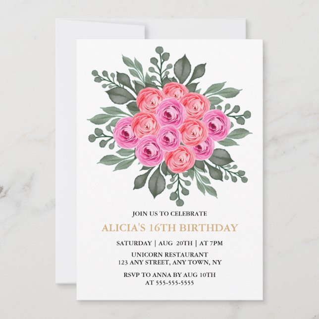 Chic Dusty Pink Flora Rose Gold 16th Birthday Invitation (Front)