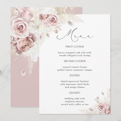 Chic Dusty Pink Floral Roses Wedding Details Menu Invitation