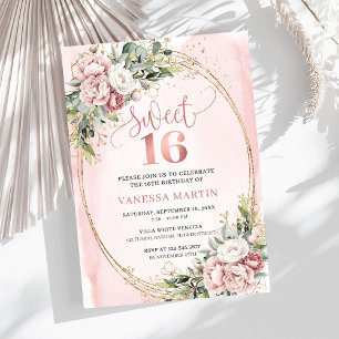 Chic Dusty Pink Flowers Eucalyptus 16th Birthday Invitation