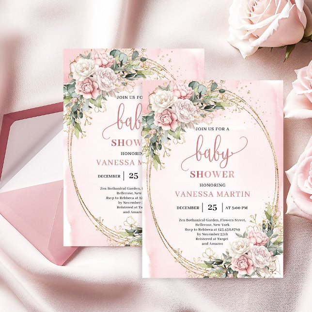 Chic Dusty Pink Flowers Eucalyptus Baby Shower Gir Invitation (Chic Dusty Pink Flowers Eucalyptus Baby Shower Girl)