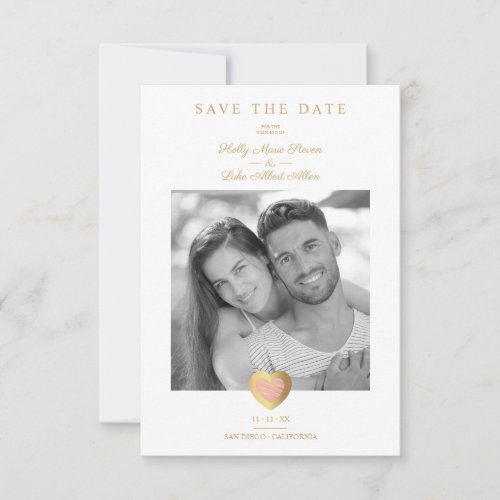 Chic Dusty Pink  Gold Heart Photo Couple Wedding Save The Date