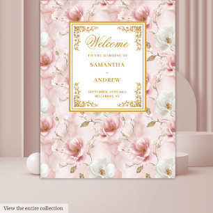 Chic dusty pink ivory floral gold wedding banner tapestry