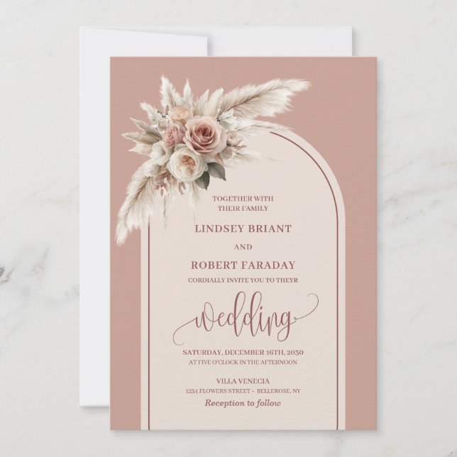 Chic Dusty Pink Pampas Roses Wedding Invitation (Front)