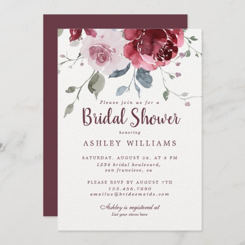 Chic Dusty Pink Rose Burgundy Bridal Shower Invitation