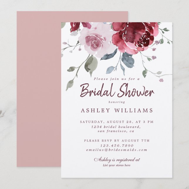 Chic Dusty Pink Rose Burgundy Bridal Shower Invitation (Front/Back)