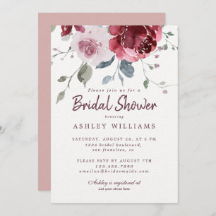 Chic Dusty Pink Rose Burgundy Bridal Shower Invitation