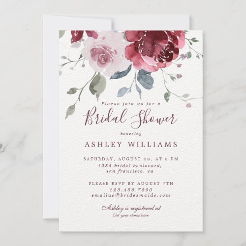 Chic Dusty Pink Rose Burgundy Bridal Shower Invitation