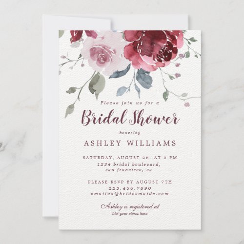 Chic Dusty Pink Rose Burgundy Bridal Shower Invitation