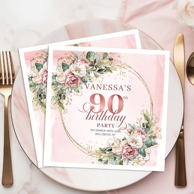 Chic Dusty Pink Rose Gold Boho 90th Birthday Party Napkins (Dusty Pink Rose Gold Boho 90th Birthday Party Napkins)