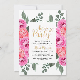 Chic Dusty Pink Rose Greenery Gold Sweet 16 Party Invitation