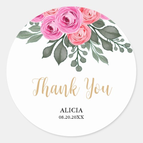 Chic Dusty Pink Rose Greenery Thank You Classic Round Sticker