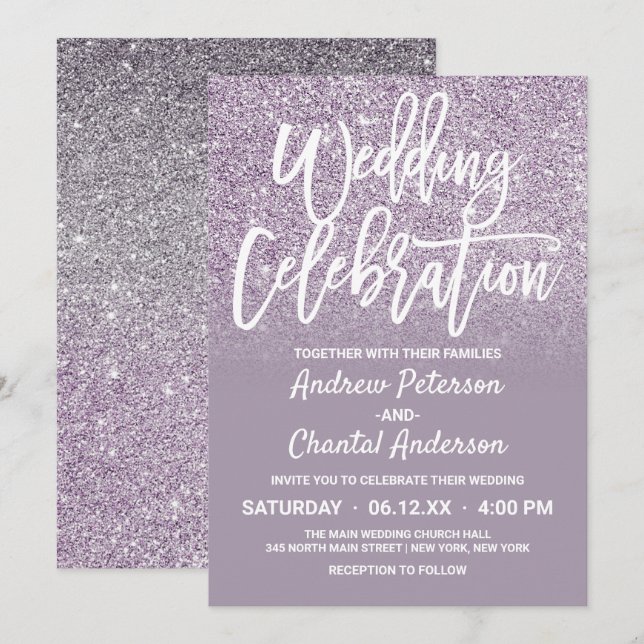 Chic Dusty Purple Gray Faux Glitter Ombre Wedding Invitation (Front/Back)