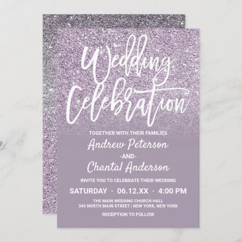 Chic Dusty Purple Gray Faux Glitter Ombre Wedding Invitation