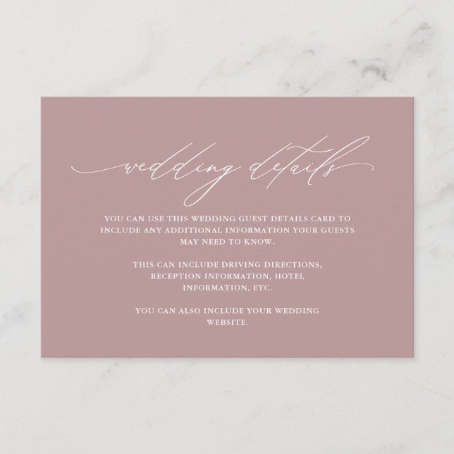 Chic Dusty Rose Calligraphy Wedding Guest Details Enclosure Card (Front)