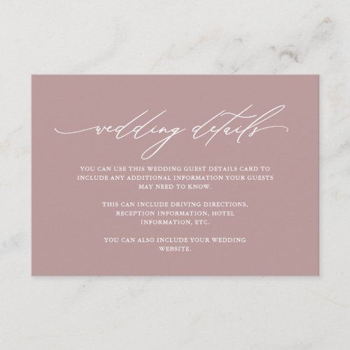 Chic Dusty Rose Calligraphy Wedding Guest Details Enclosure Card