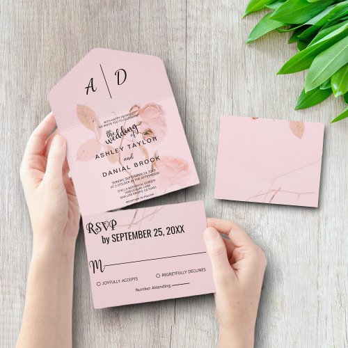Chic dusty rose floral All in One Wedding Invite
