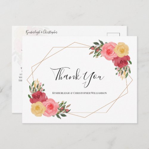 Chic Dusty Rose Floral Geometric Wedding Thank You Postcard