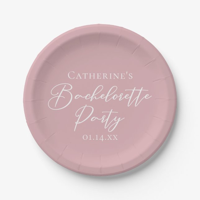 Chic Dusty Rose Pink Bachelorette Party Custom Paper Plates (Front)