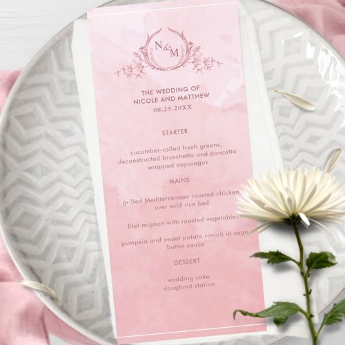 Chic Dusty Rose Watercolor Monogram Wedding Menu