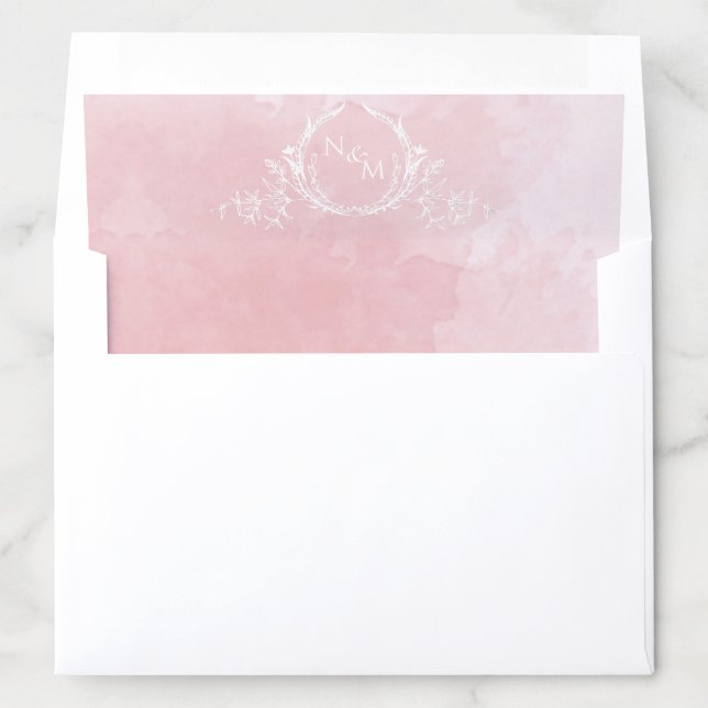 Chic Dusty Rose Watercolor, White Monogram Wedding Envelope Liner (In Envelope)