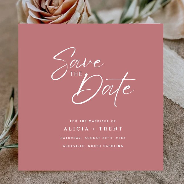 Chic Dusty Rose & White Calligraphy Save the Date Invitation (Creator Uploaded)
