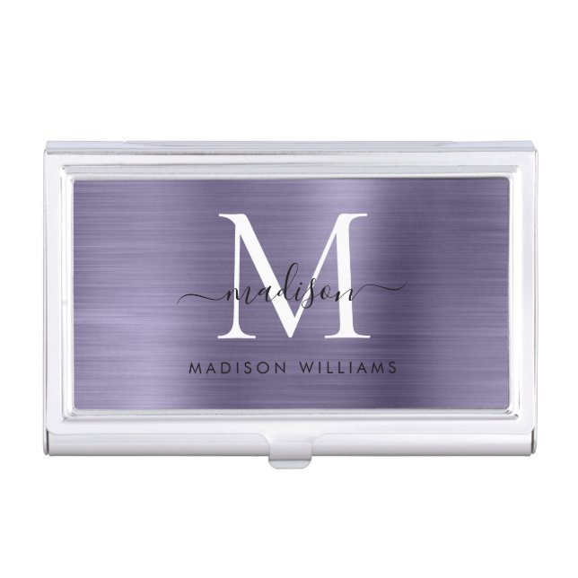Chic Dusty Violet Brushed Metal Monogram Script Business Card Case (Front)