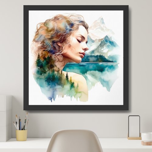 Chic Earthy double exposure of woman and mountain Framed Art