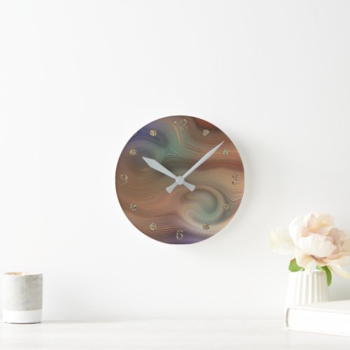 Chic Earthy Strata  Natural Copper Stone Agate Round Clock