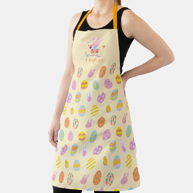 Chic Easter Pink Bunny Garden Egg Pattern Yellow Apron (Insitu)