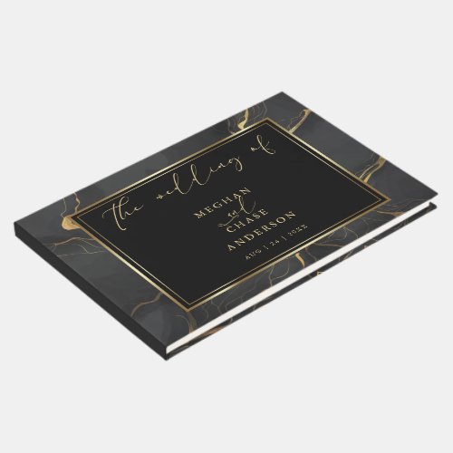 Chic Ebony Black Marbled with Gold Diamond Guest Book