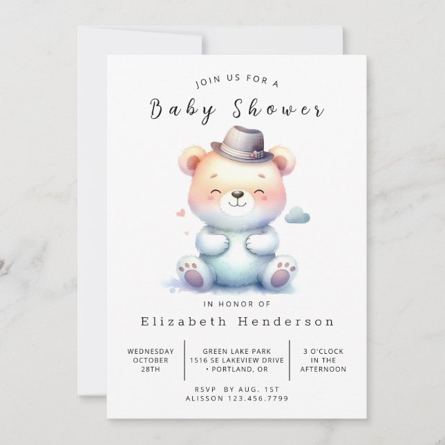 Chic Editable Bear Baby Shower Invitation (Front)