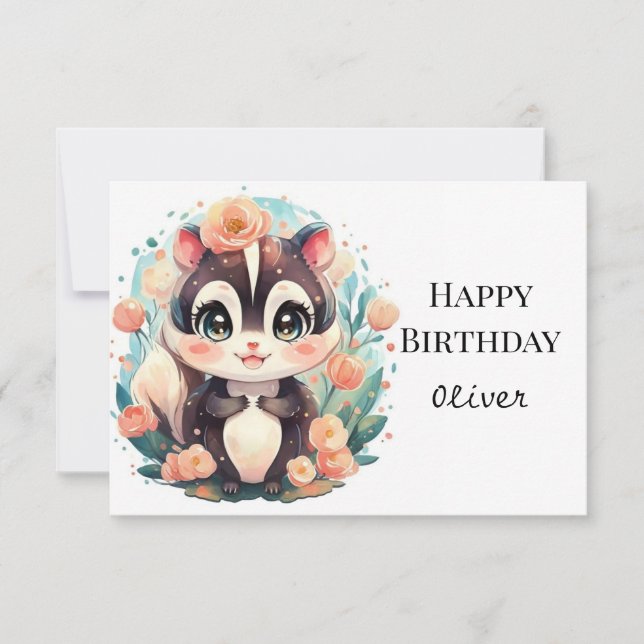 Chic Editable Skunk Birthday Card (Front)