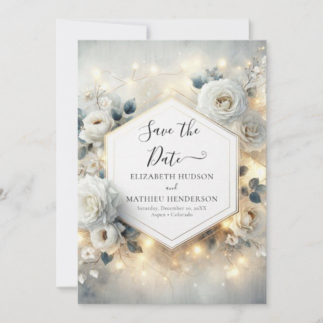 Chic Editable White Roses Wedding Save The Date (Front)