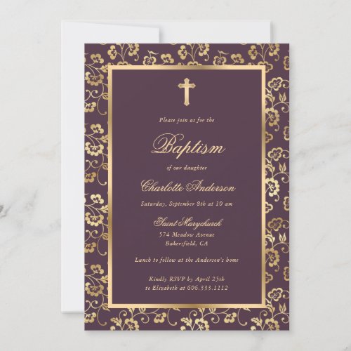 Chic Eggplant and Gold Cross Script Floral Baptism Invitation