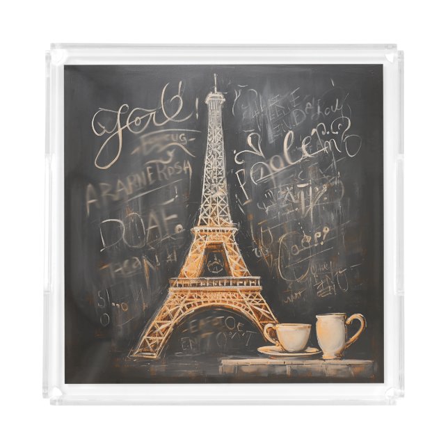 Chic Eiffel Tower Cafe Coffee Chalkboard Paris Acrylic Tray (Front)